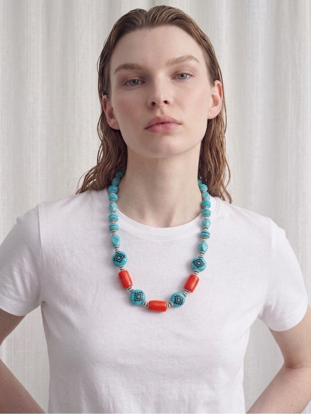 Handmade Boho/ Western Turquoise & Coral Beaded Statement Necklace